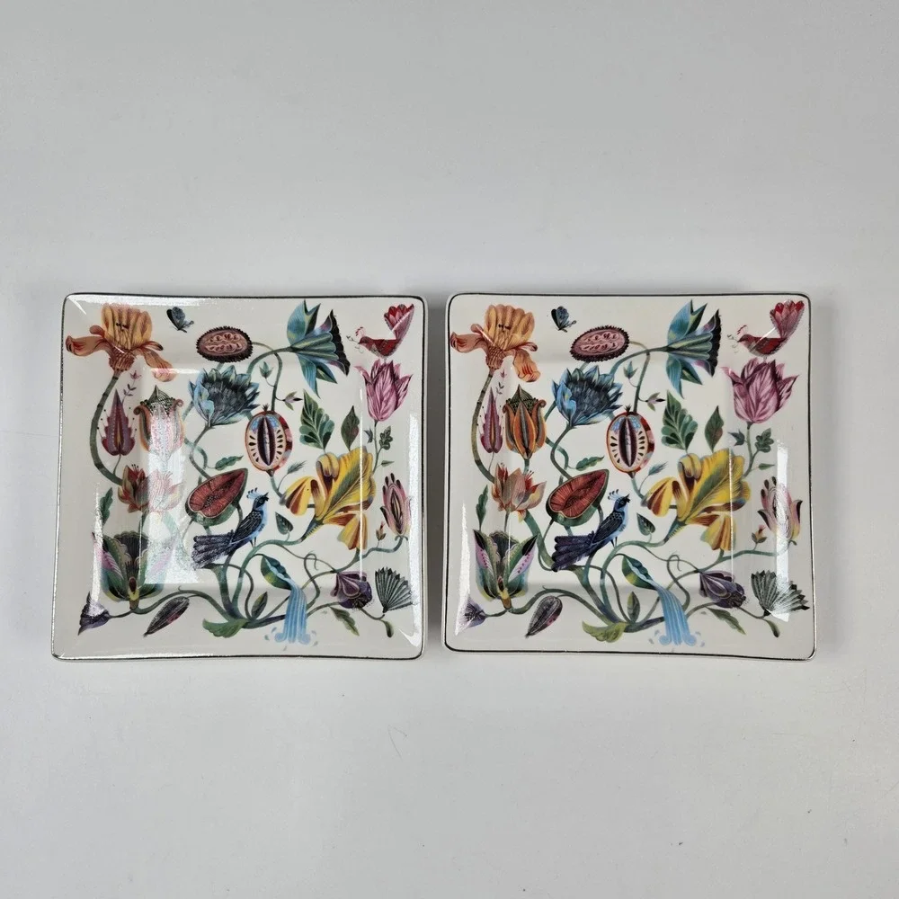 Zara‎ Home Trinket Dish Set 2 Multicolor Botanical Floral Bird Decorative Tray